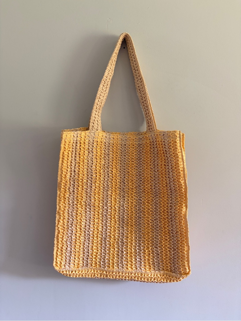 Source Unknown Yellow Crochet Tote Bag with Beige Handles